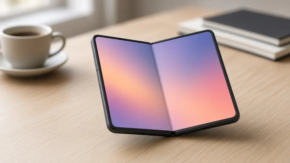 iPhone Duo Singapore price and review - generic foldable phone half-open on a desk