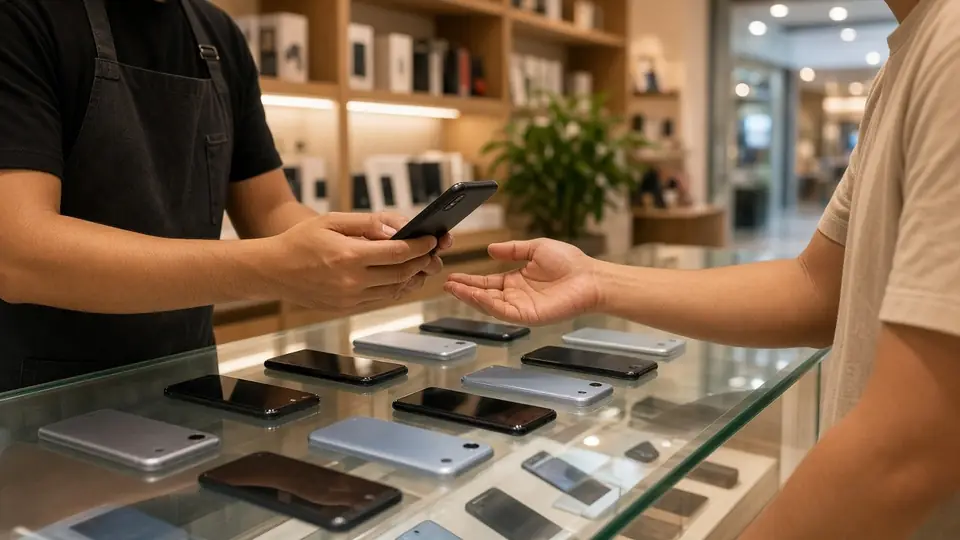 iPhone Duo trade in Singapore - phone shop staff checking a customer's phone at the counter